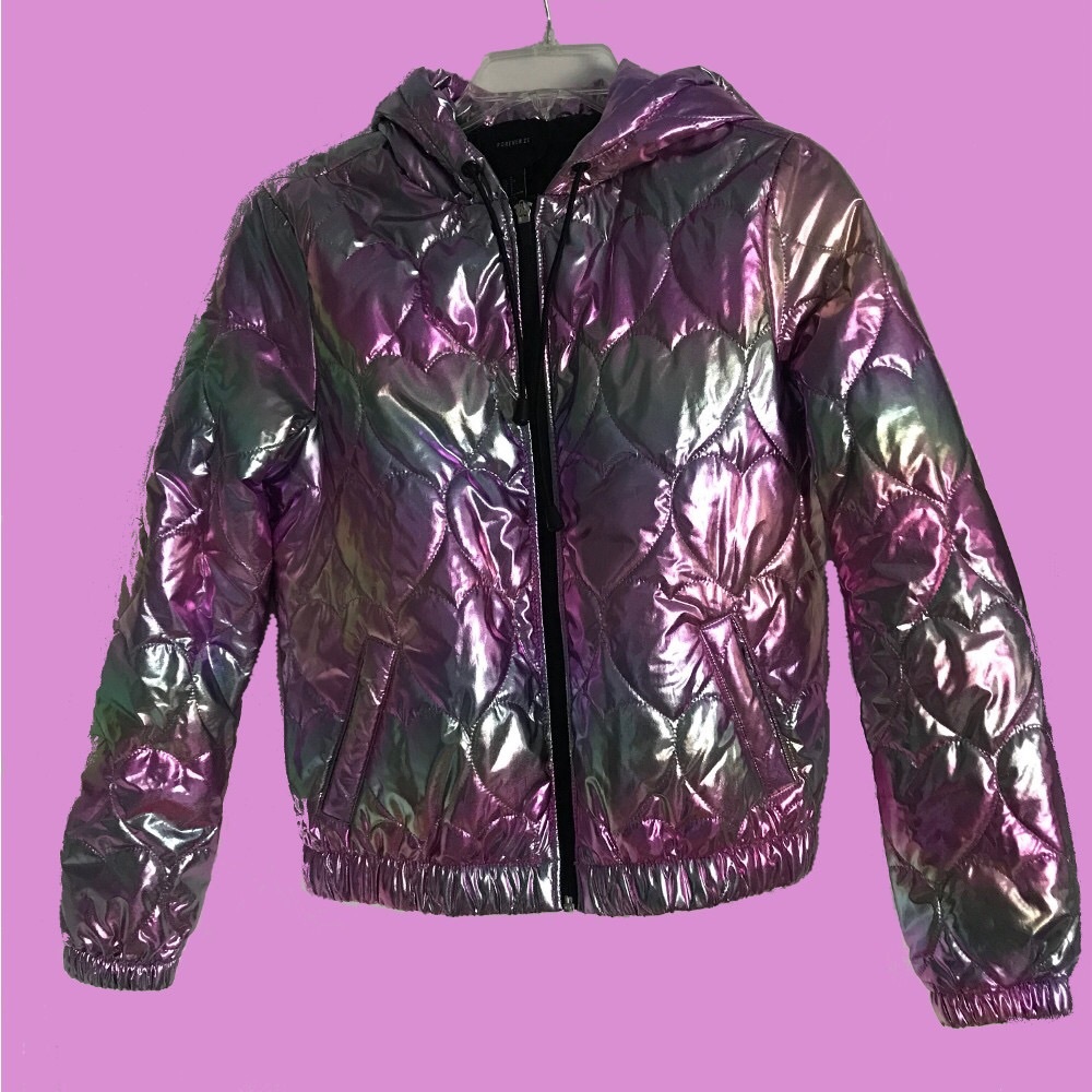 Iridescent Heart Stitched Puffer Jacket
